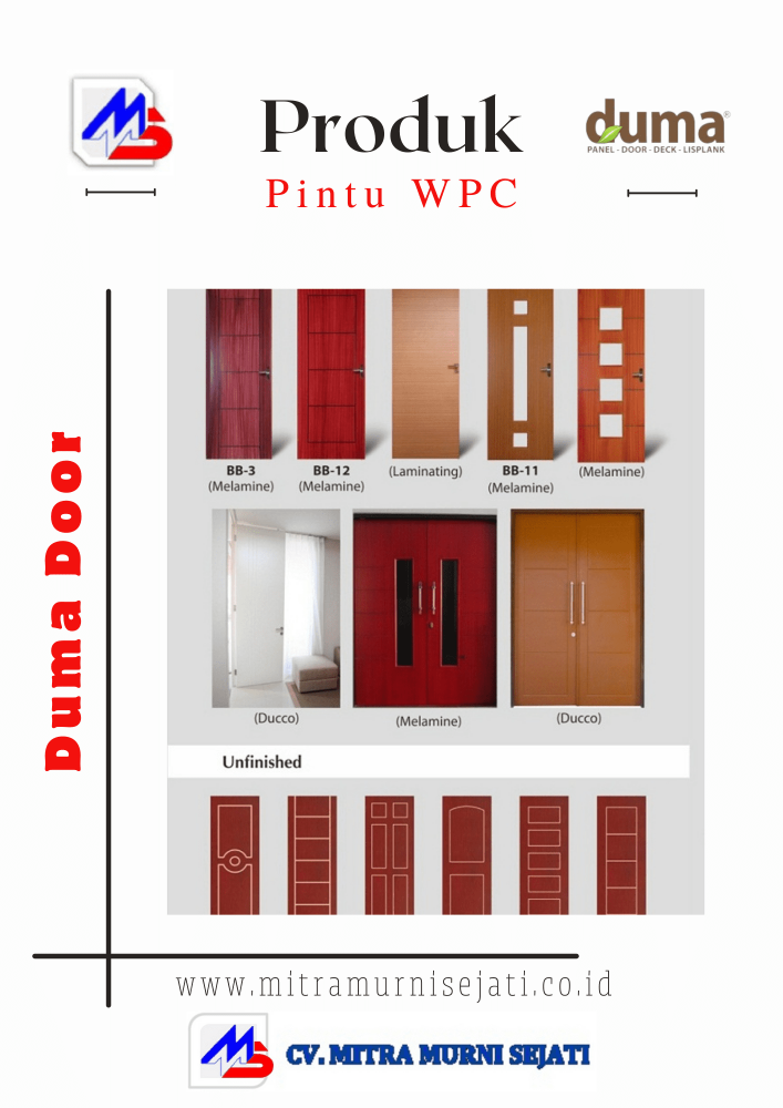 Jelajahi beragam model dan ukuran pintu WPC Duma yang tahan cuaca, rayap, dan keausan. Dengan bahan berkualitas tinggi dan desain estetis, pintu ini menjadi pilihan unggul untuk rumah Anda. Hubungi kami untuk informasi lebih lanjut!